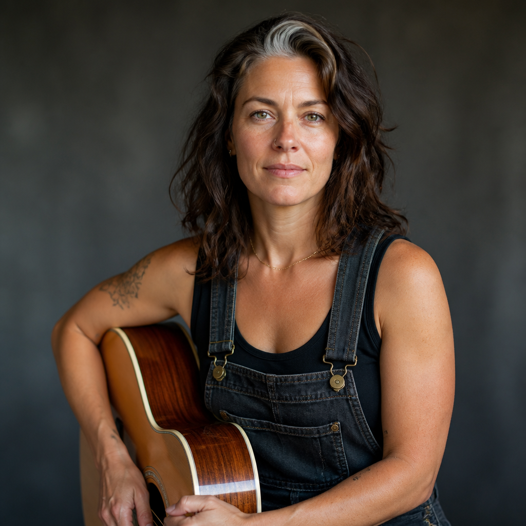 Olivia Canela, a professional luthier specialized in guitars. She has vast practical experience in building, setting up, and structurally analyzing musical instruments.  The woman in the image appears to be in her 30s to 40s, with a mature and serene face. Her light green eyes, framed by expression lines, convey confidence and look directly at the camera. Her wavy brown shoulder-length hair features a distinct front lock of white and gray strands, adding an air of experience and authenticity to her look. With a sturdy physique and toned arms that show strength, she holds the guitar firmly, revealing hardworking hands with short nails and skin slightly marked by labor.  She wears dark, worn denim overalls over a black tank top, complemented by a thin, discreet gold necklace—a practical and characteristic combination that blends perfectly with the authentic, artisanal environment of her workshop.